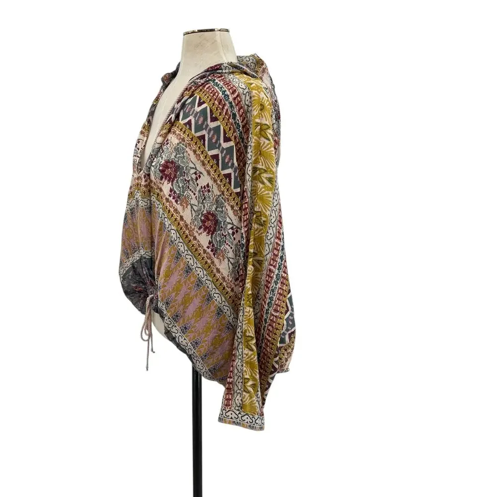 Free People Hold On Tight Gauze Pullover‎ Top Hooded Floral Paisley XS Small
